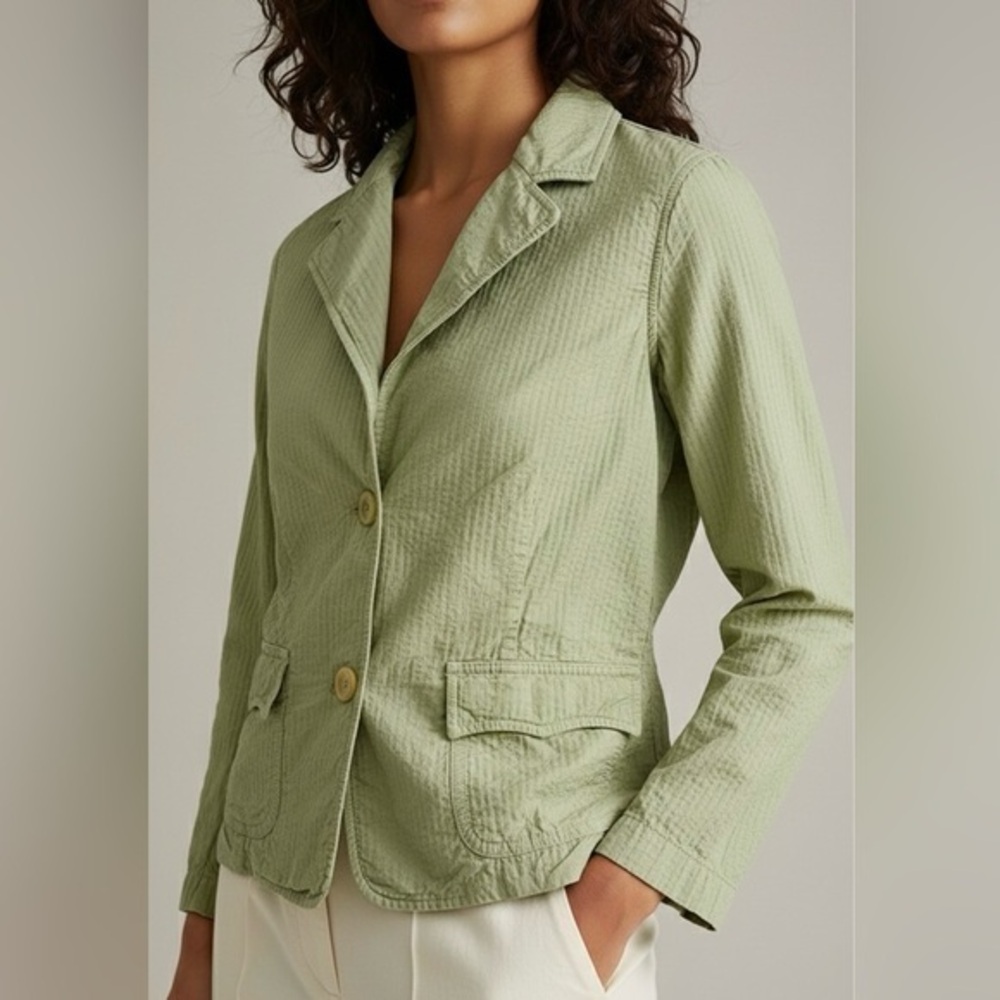 NILI LOTAN Cropped Single-Breasted Seersucker Blazer Green Size 10